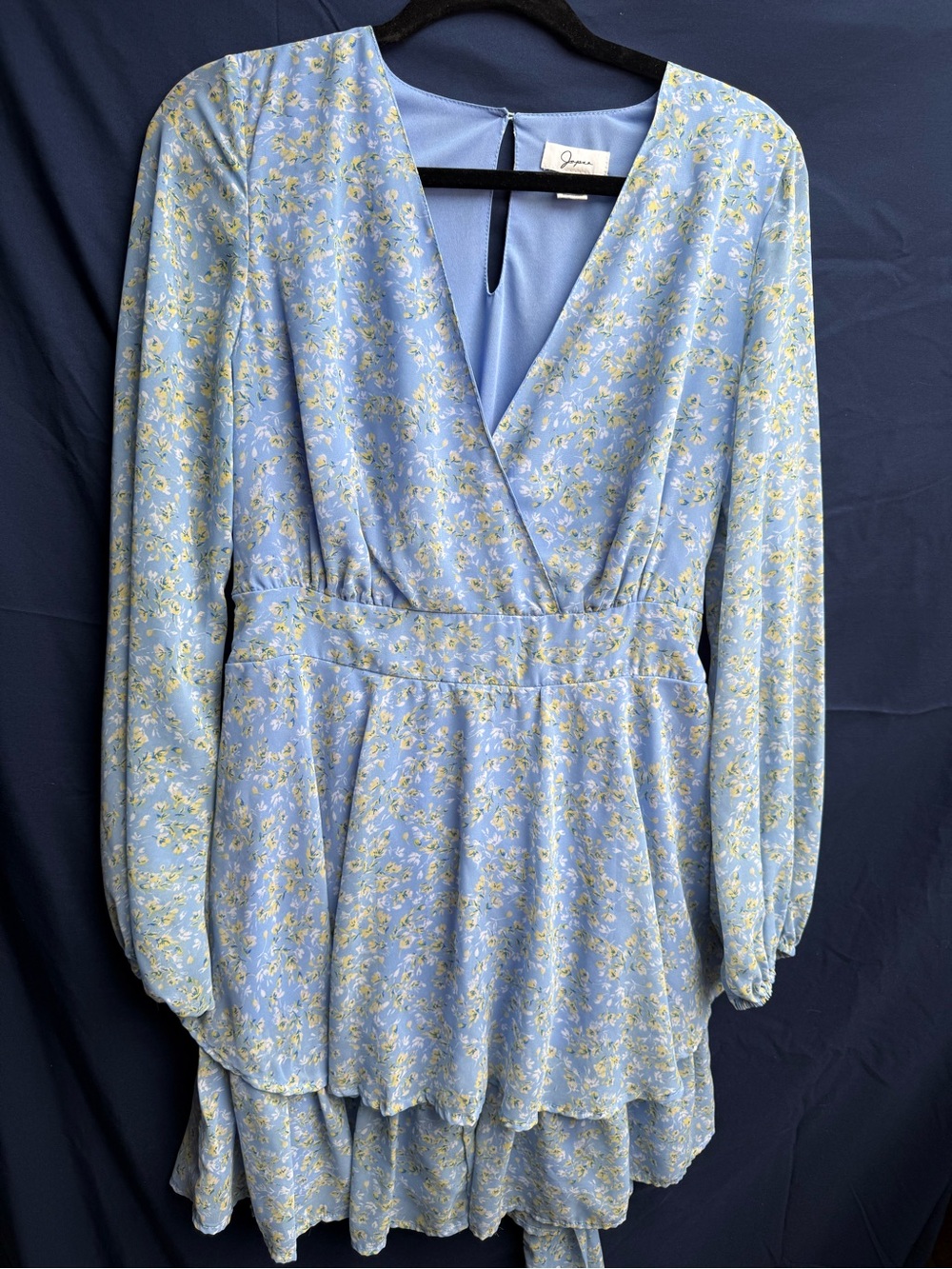 Japna Light Blue Floral Wrap V-Neck Long Sleeve Dress
